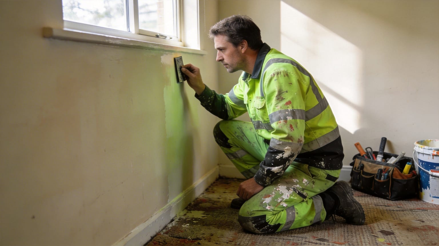 Painter inspecting weathered exterior surfaces before preparing a New Zealand house painting quote