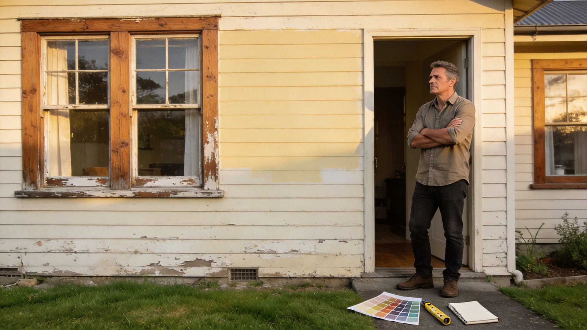 Homeowner considering paint choices outside a weathered weatherboard house
