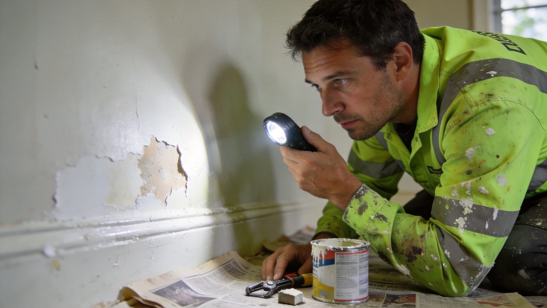 A worker inspecting cracked and peeling paint on an interior wall with a torch