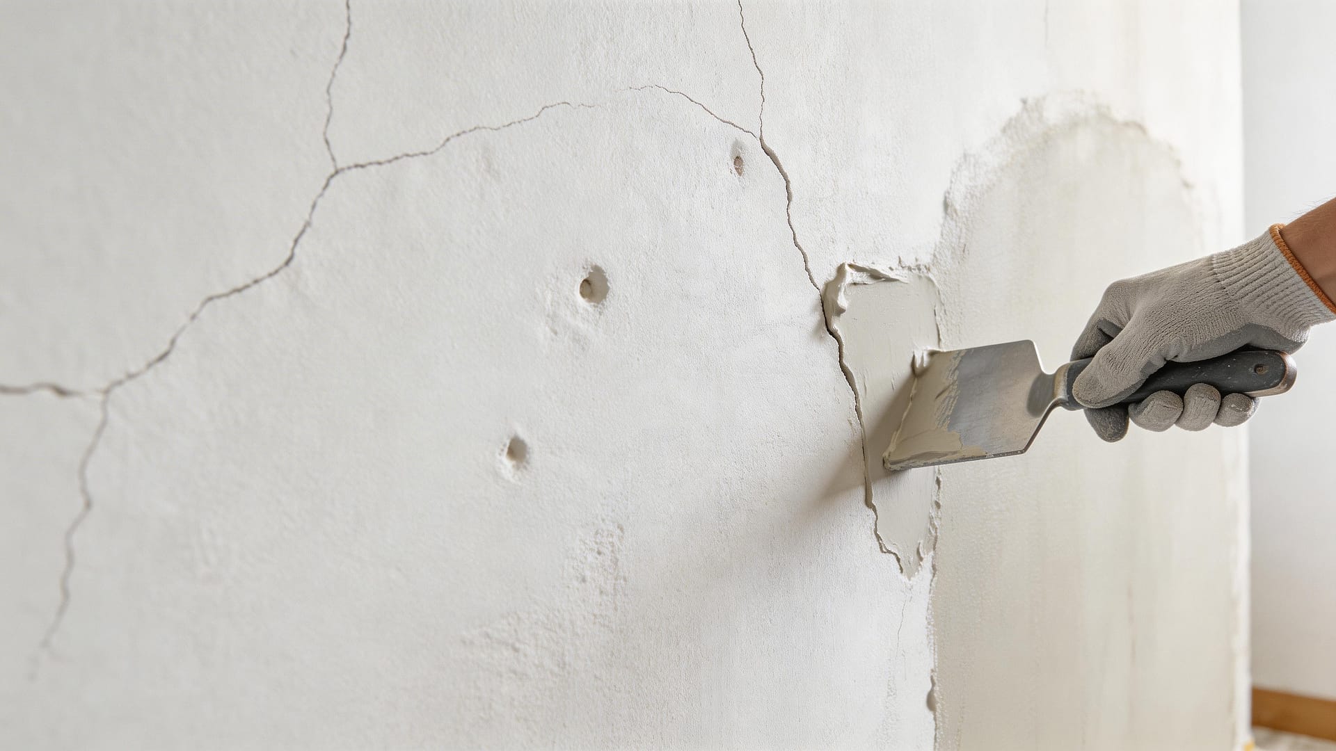 Close-up illustration of filler being applied to cracks in an interior wall