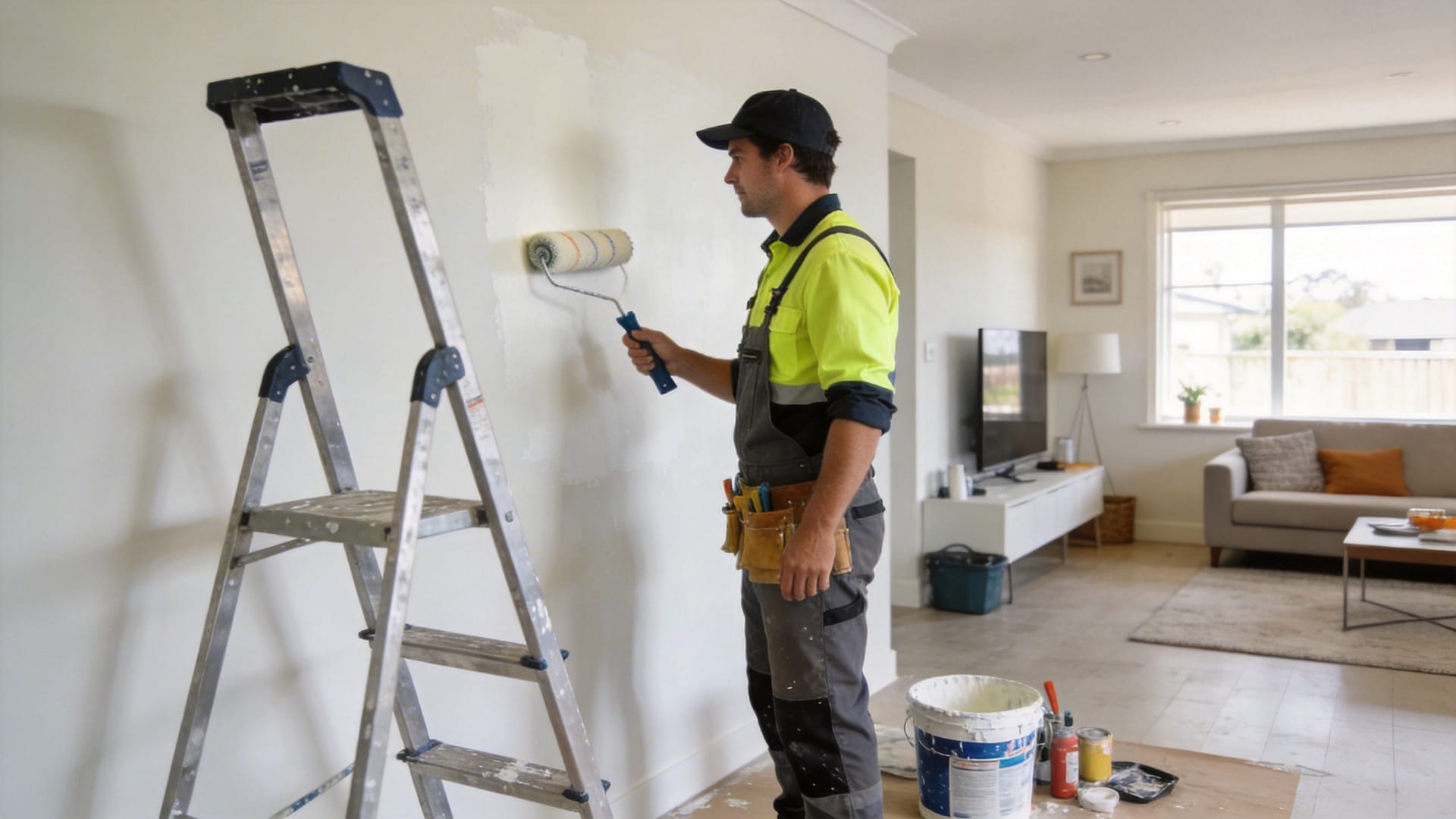 Professional painter working in a staged and protected interior area of a New Zealand home