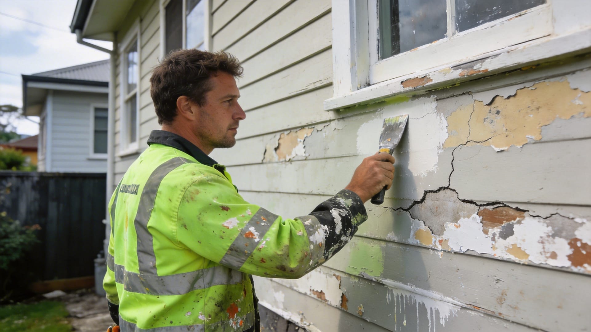 Close exterior inspection for signs that a New Zealand house needs repainting